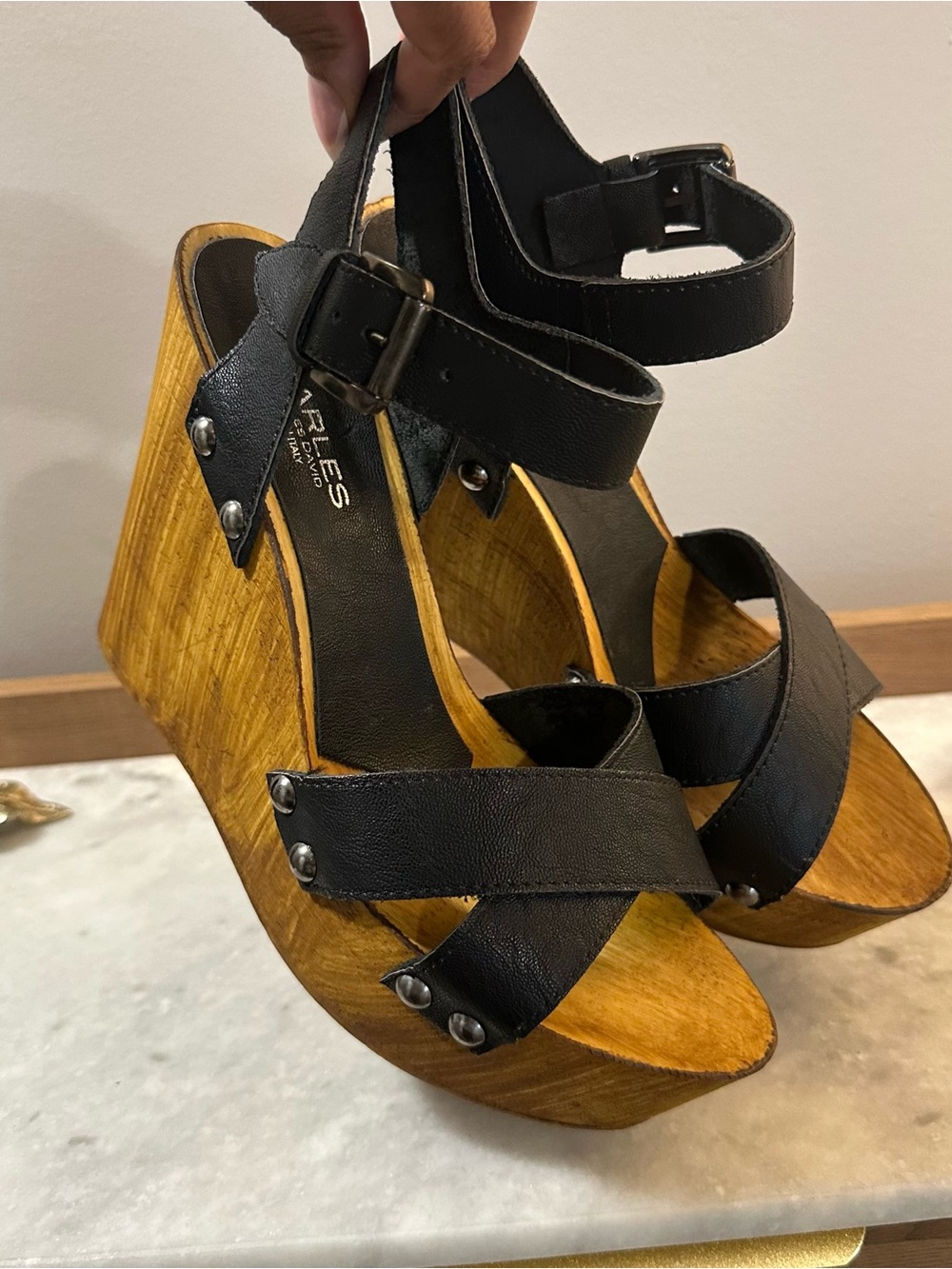 Black Leather Strappy Wood Wedge Sandals